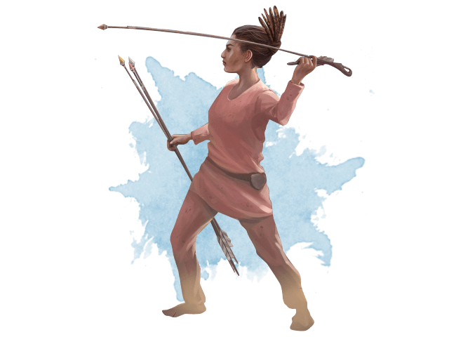 一个新石器时代的女猎人通过攻城炮投掷炮弹的插图