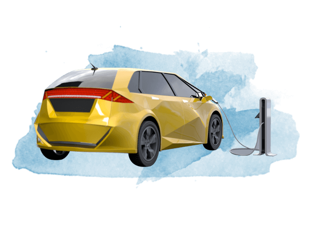 一辆黄色的电动汽车通过充电站充电