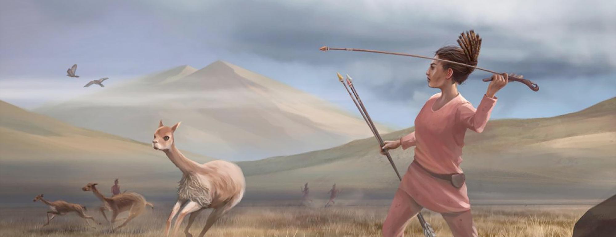 旧石器时代的一位女猎人将她的长矛瞄准了一只羊驼
