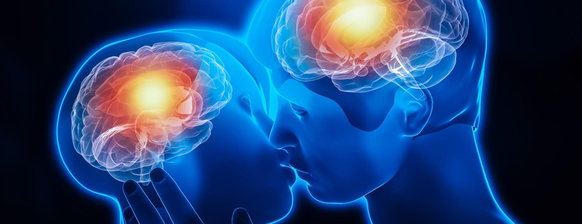 电脑渲染的两个人接吻和他们的大脑激活
