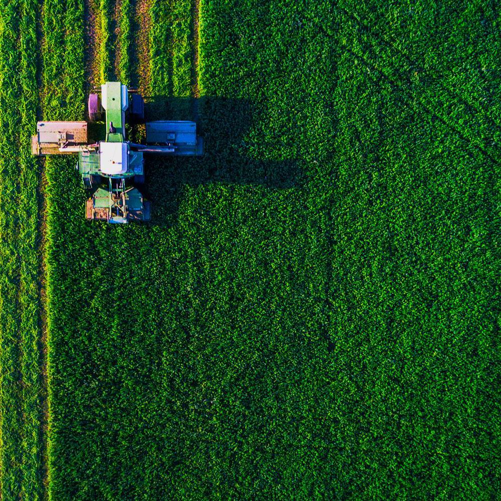 联合收割机在农田工作的俯视图